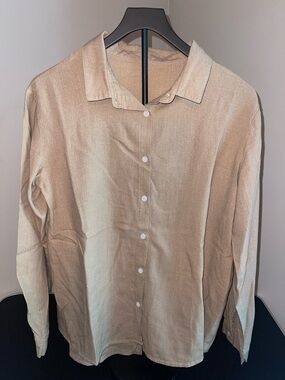 Women's Beige Button-Up Shirt - Classic Long Sleeve Large